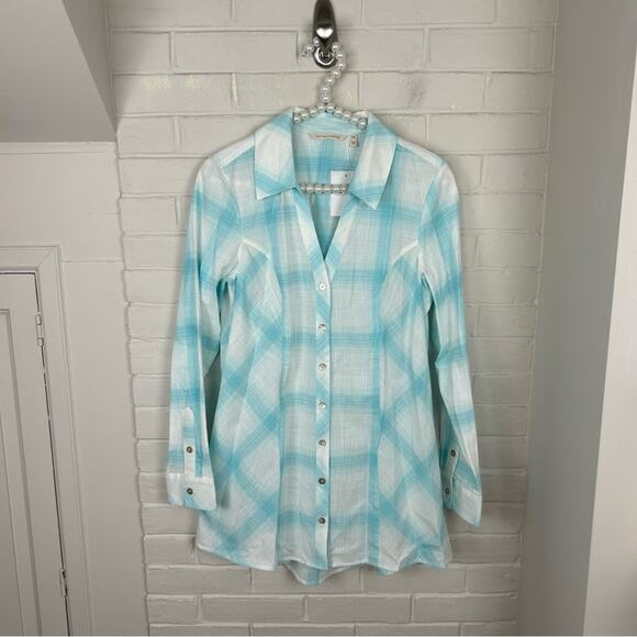 Soft Surroundings Lightweight Long Line Plaid Button Down Shirt Size XS - Picture 9 of 10